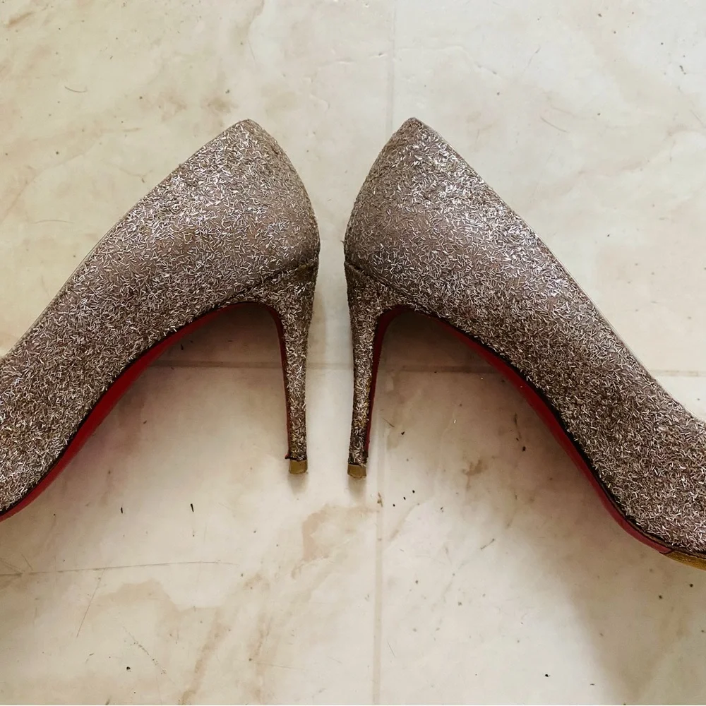 Christian Louboutin Silver Glitter Gold Spikes Pointed Toe Pumps Heels 7.5/37.5
